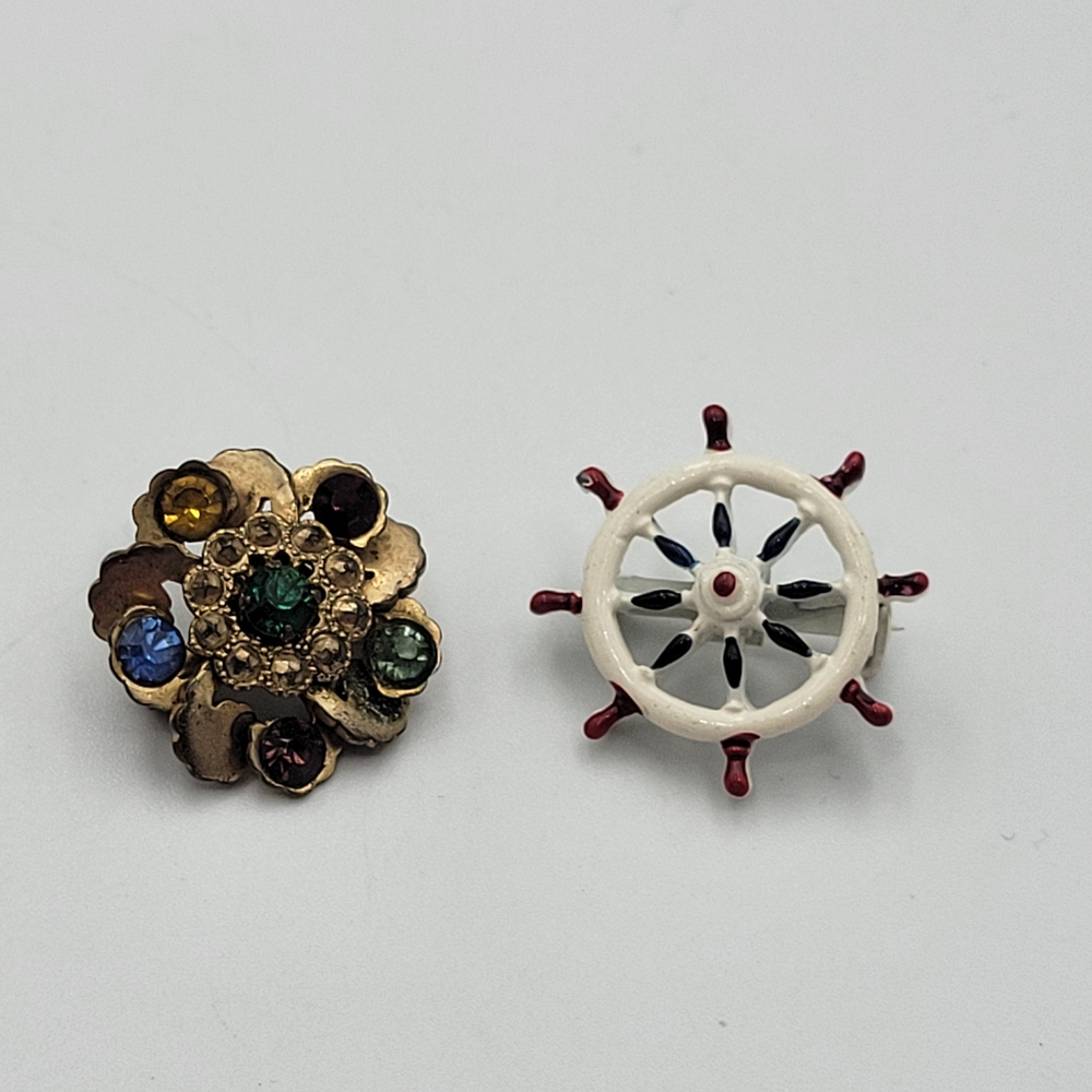 Set Of 2 Vintage Copper Flower And Nautical White Broochs